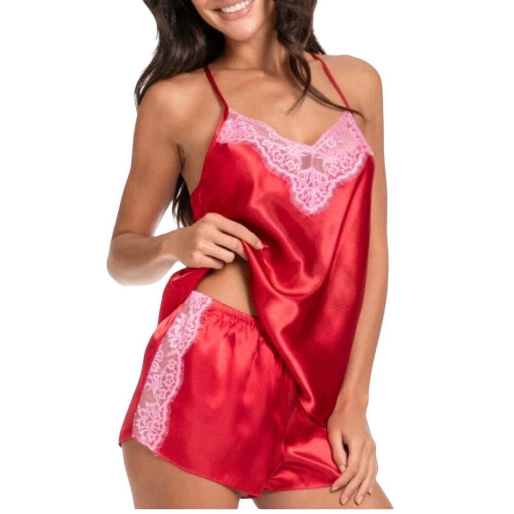 Linea Donatella Satin Lace Trim Cami & Short Set, Red & Pink, Size XL, NWT
